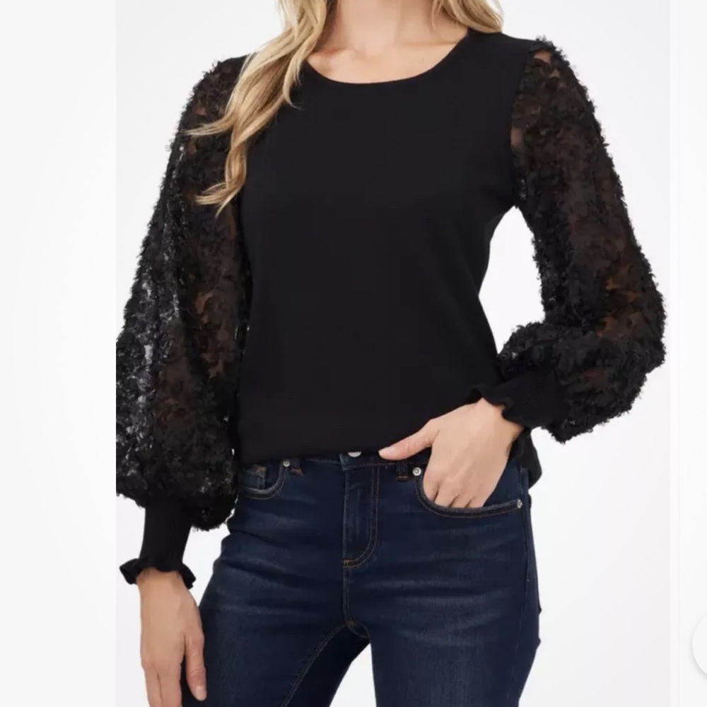 Cece Floral-Sleeve Mixed-Media Blouse Top In Black Size XS